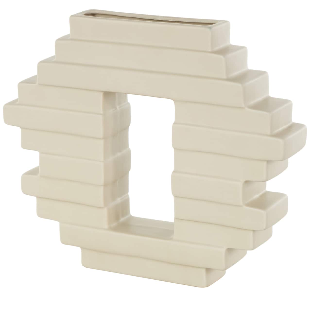 12" Cream Ceramic Abstract Decorative Vase with Rectangular Center Cutout